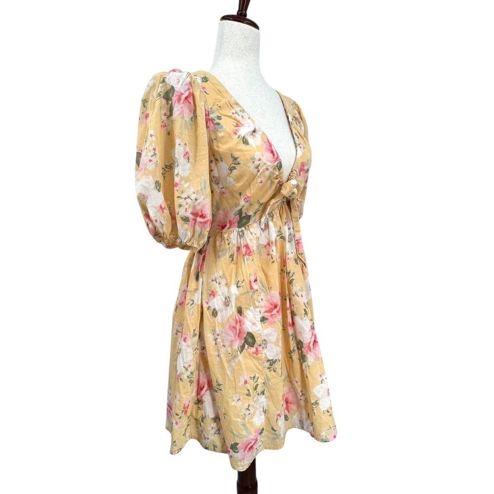 Abercrombie & Fitch Babydoll Dress Yellow Floral Puff Sleeves V-Neck Size Small - Picture 2 of 11